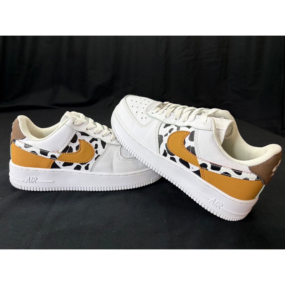 Nike Air Force 1 Low Animal Cow Print White Mustard Yellow Sneakers Womens 7.5 - Picture 10 of 16